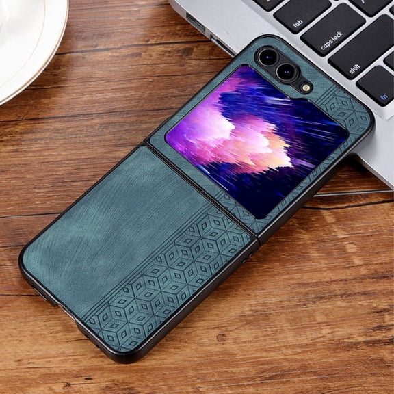 Compatible with Samsung Galaxy Z Flip 5 Leather Case Embossed Slim Shockproof Business Case-Green