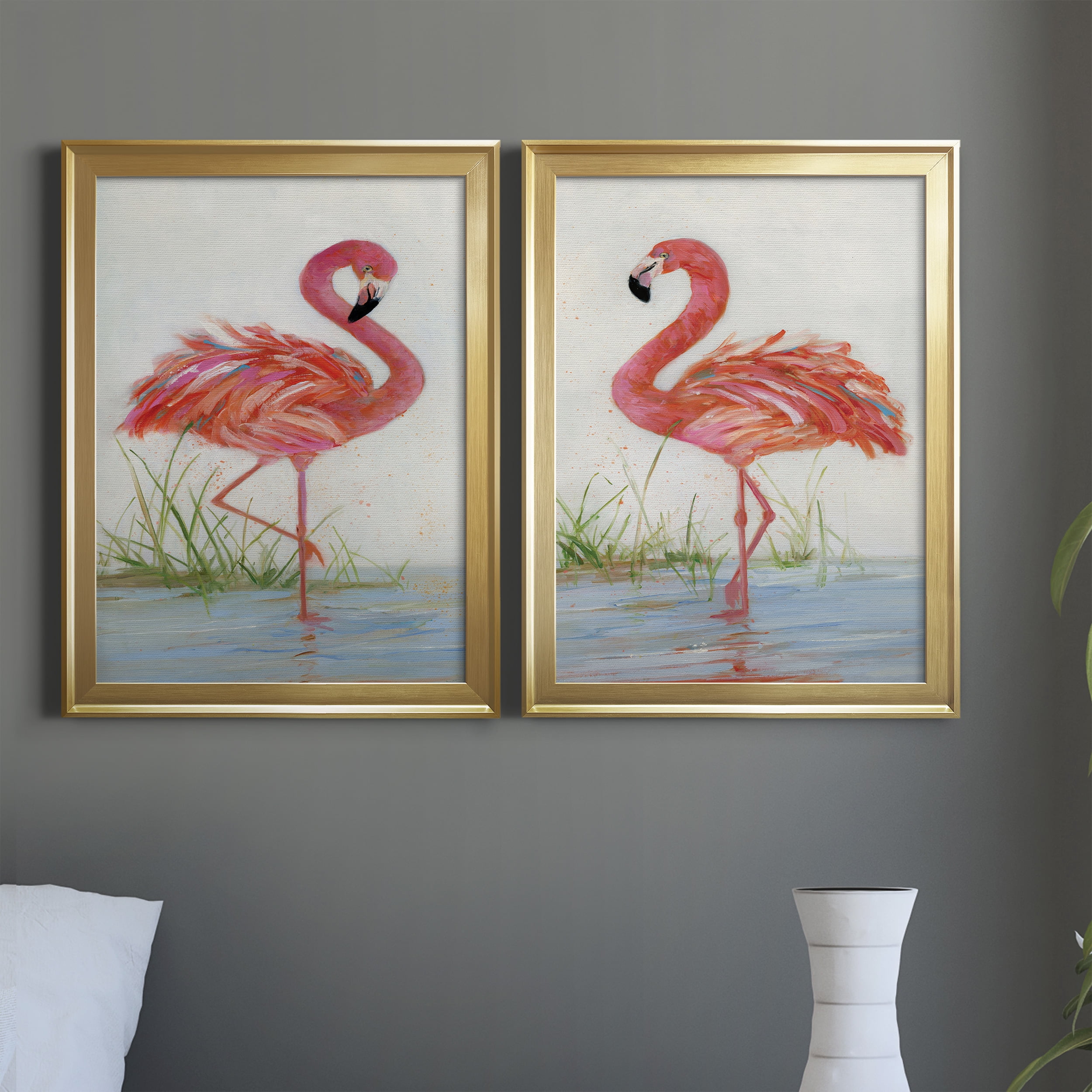 2 Piece Set Flamingo I Premium Framed Canvas - Ready to Hang - 22.5 x 30.5 Each - Gold Frame