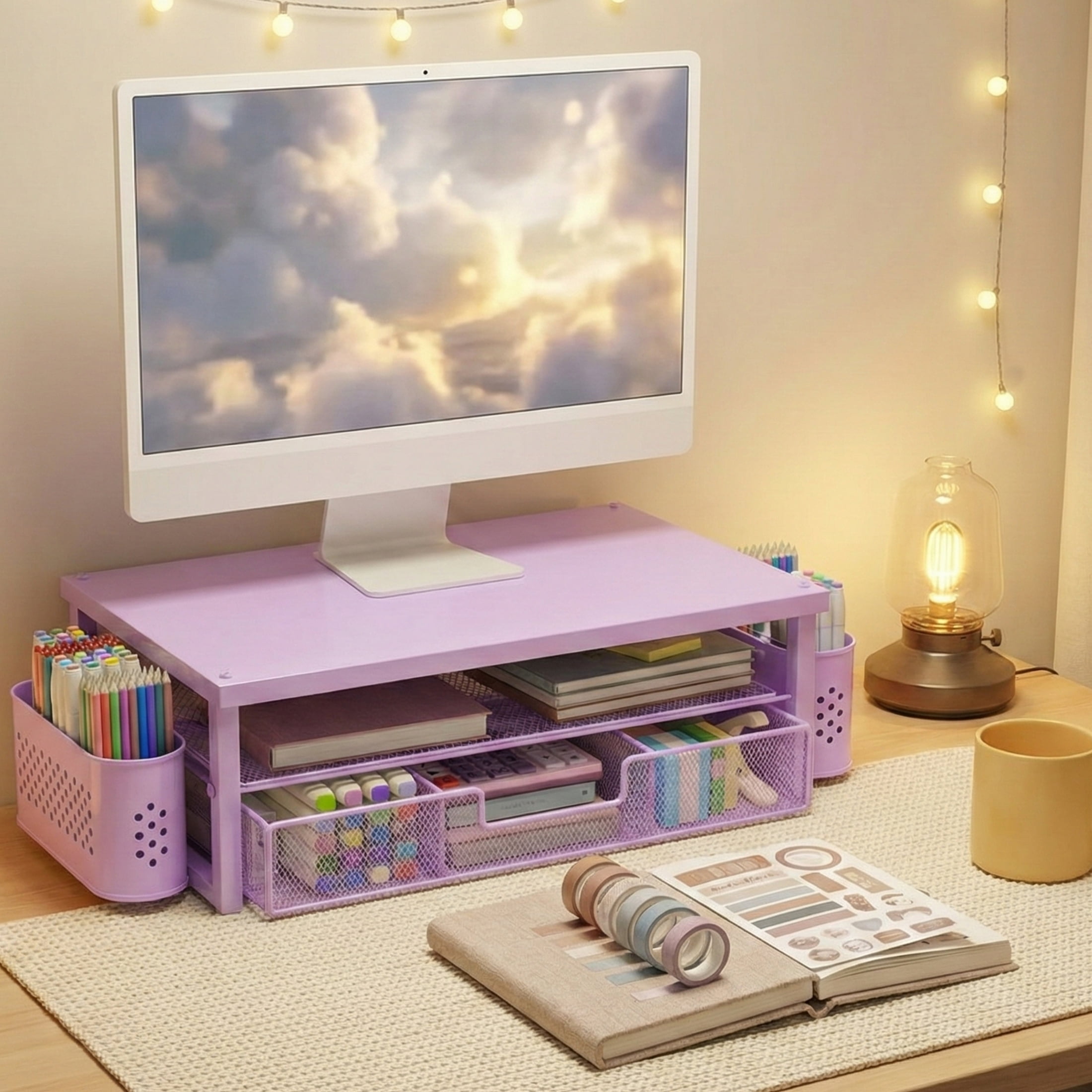MEHOOM Desk Organizer, 3-Tier Monitor Stand with Storage and 2 Pen Holder, Laptop Stand, Office Desk Accessories for Office Supplies, Purple