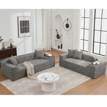 Newboti [Video Provided]2 Piece Boucle Cloud Sofa Set, Upholstered Sofa Set, Modern 3 Seater And 2 Seater Sofa With Mdf End Table For Living Room, Apartment, 3 2 Couch, Boucle, Dark Gray 0007