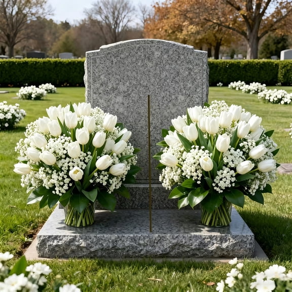 Artificial White Tulip Memorial Flower Arrangement with Vase for Cemetery Grave Outdoor Decoration