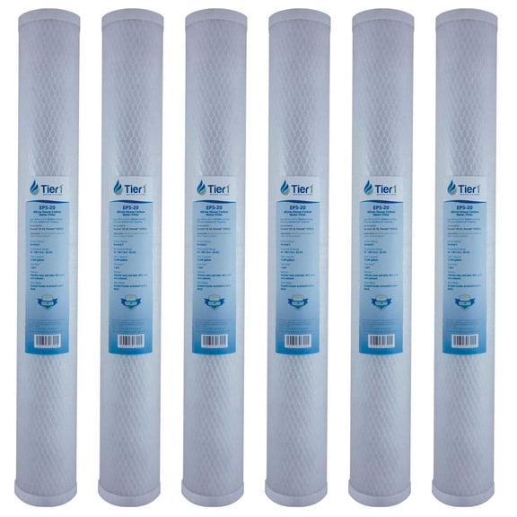 Tier1 5 Micron 20 Inch x 2.5 Inch | 6-Pack Whole House Activated Carbon Block Water Filter Replacement Cartridge | Compatible with Pentek EP-20, 155529, CEP-20E, CB-25-2005, Home Water Filter
