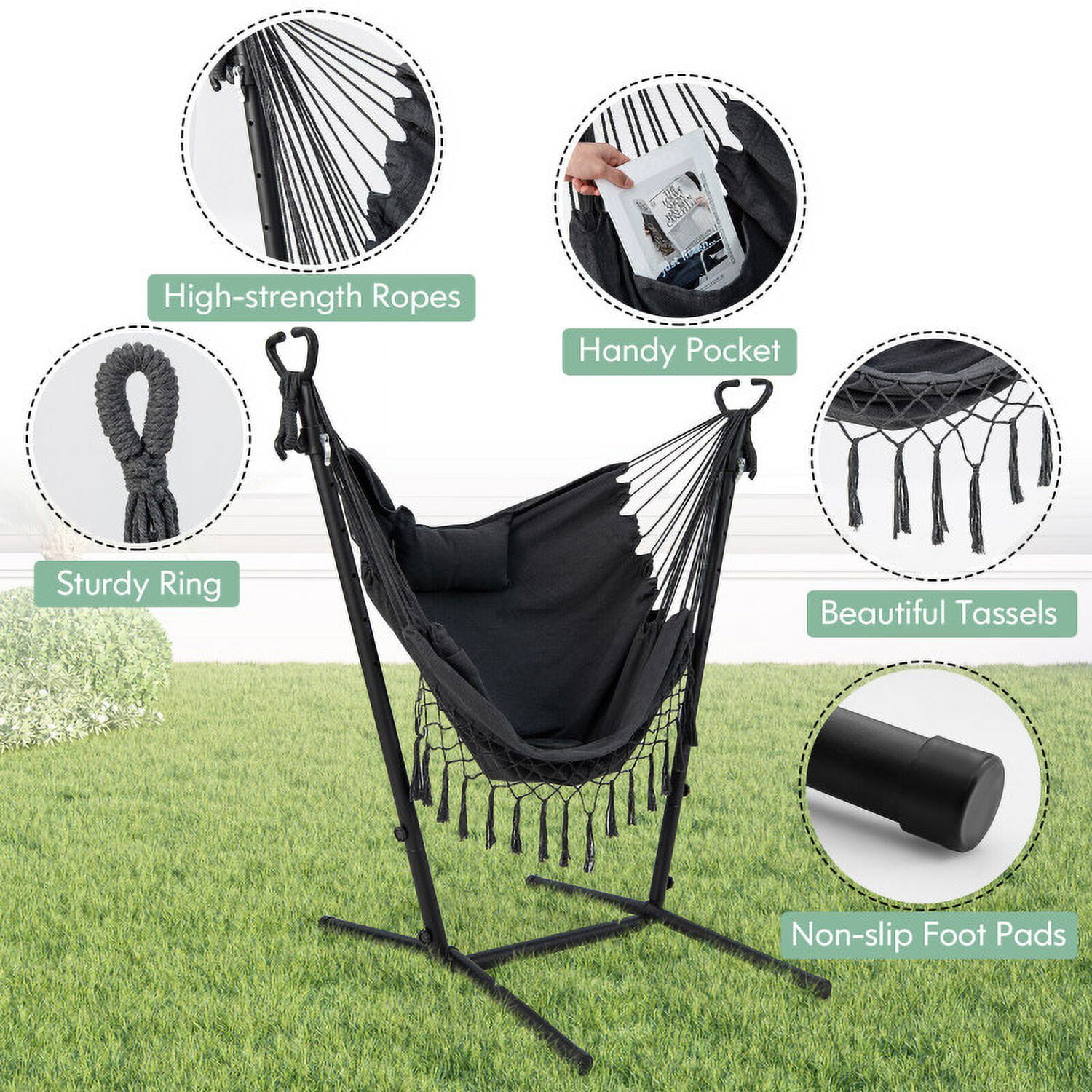Aimee Lii Height Adjustable Hammock Chair with Phone Holder and Side Pocket, Comfy Outdoor Chair, Gray