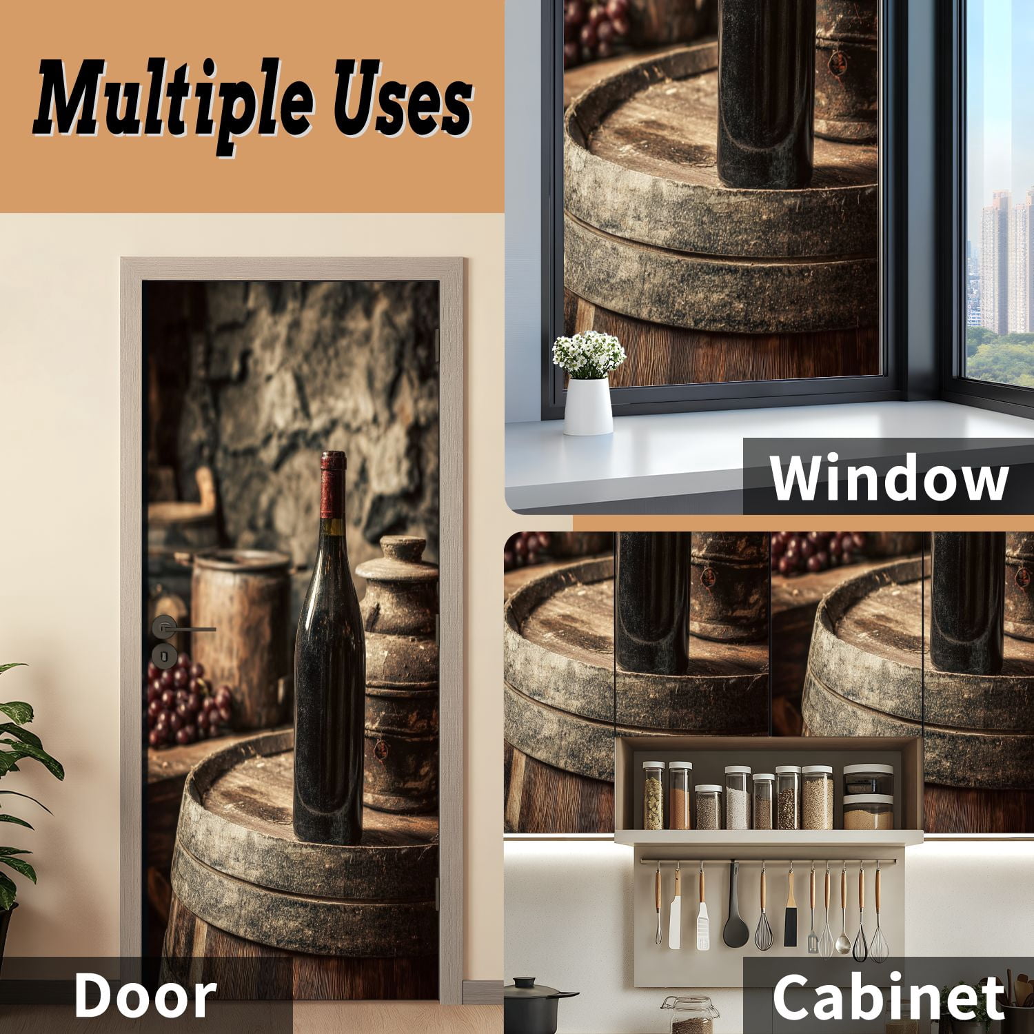 Self Adhesive Vinyl Refrigerator Wrap Set Red wine bottle cellar Door Mural Removable Fridge Sticker Peel and Stick&nbsp;Full Door Cover Decal Kitchen Bar Decor
