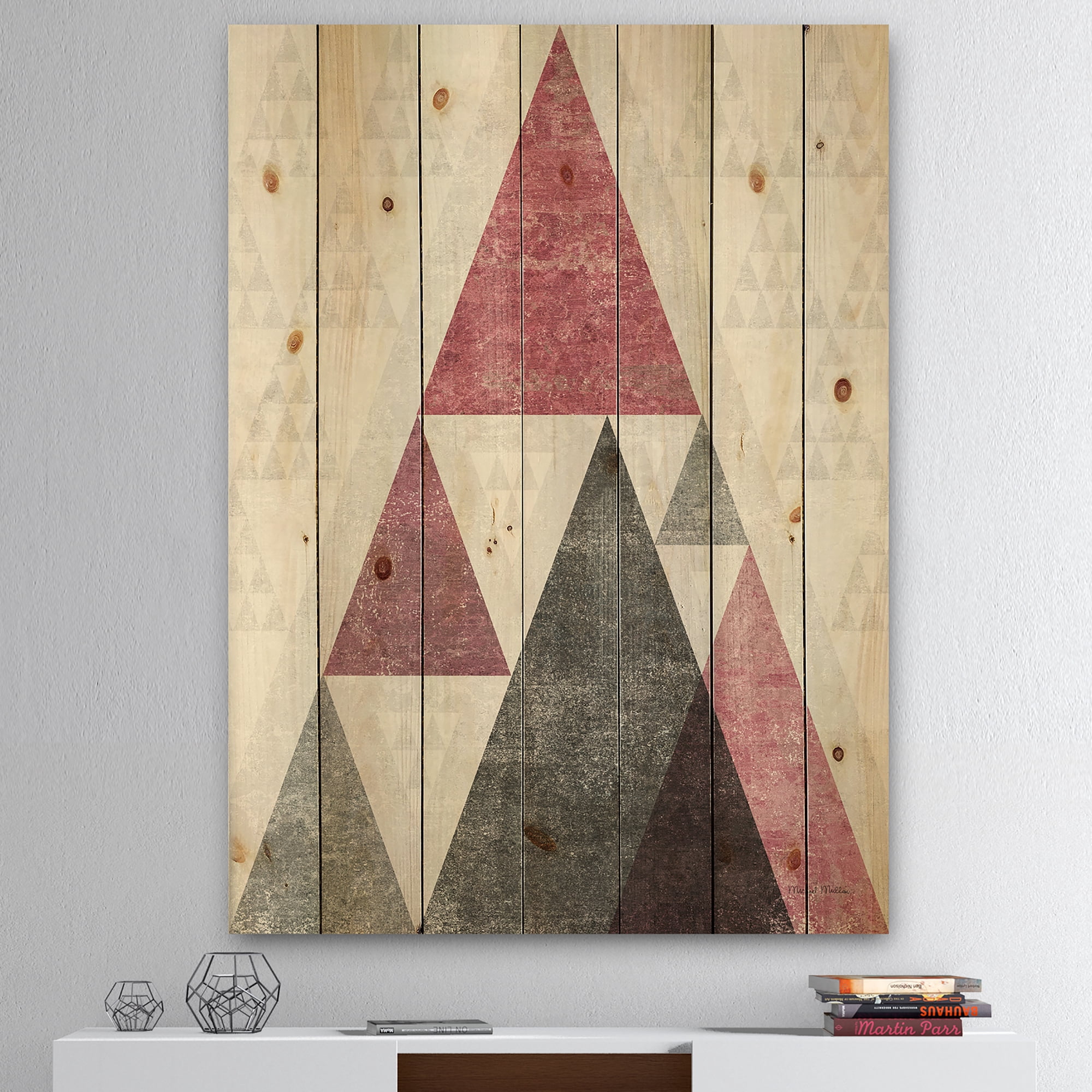 Designart 'Pink Geometric Mod Triangles II' Mid-Century Transitional Modern Print on Natural Pine Wood