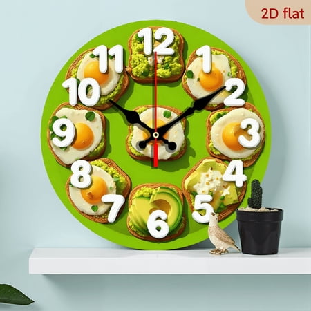 2D Flat 1pc 10Inch Wooden Avocado Toast Wall Clock with Toast Slices Melted Egg Yolk Hands - Green Round Decor, Silent Non-Ticking Battery- Avocado-Themed Clock for Breakfast