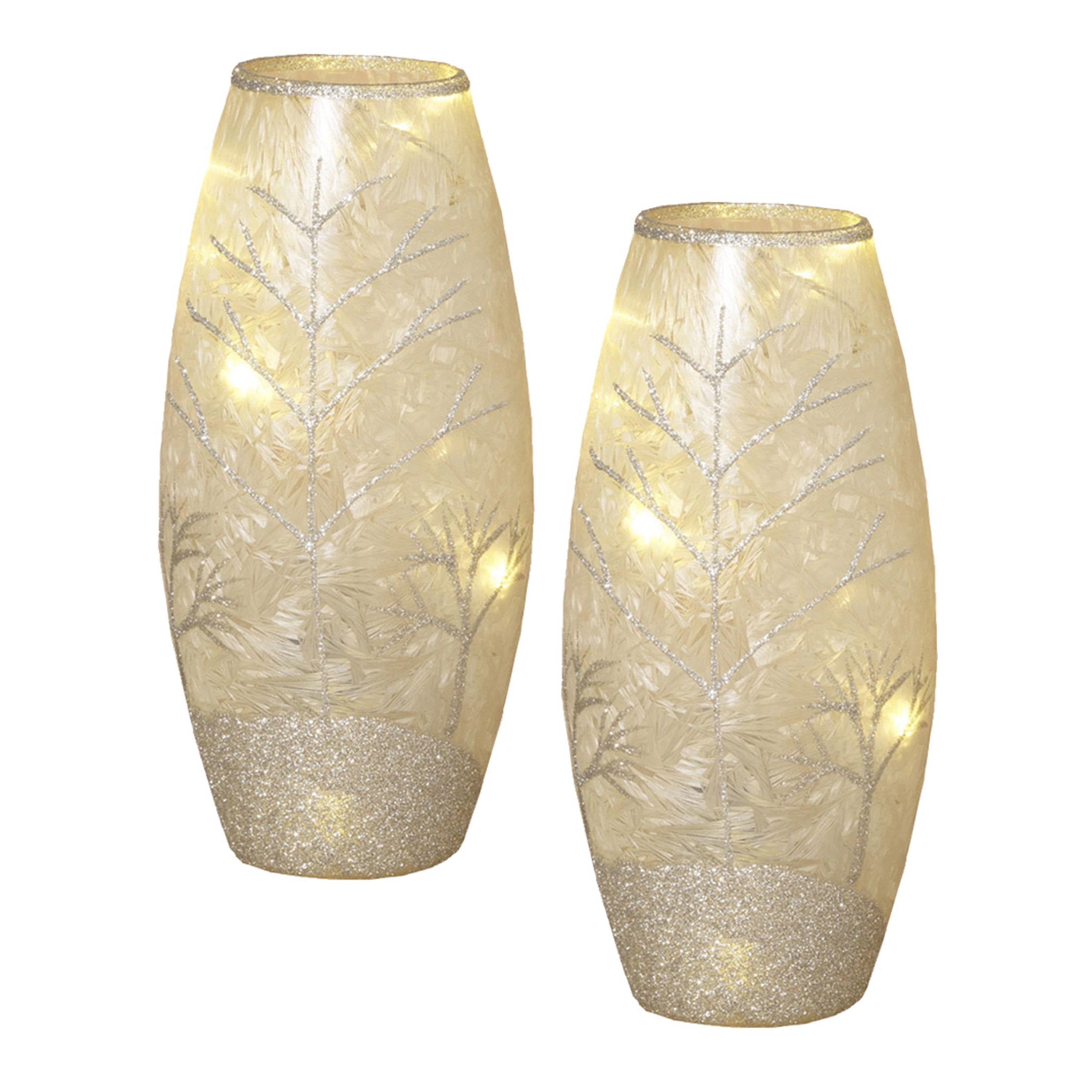 Frosted Glass Vase with Glitter Winter Accents (Set of 2)