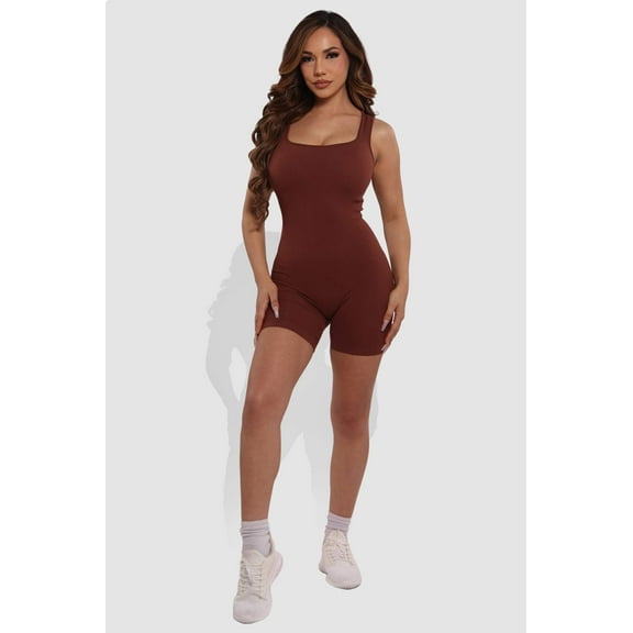 Seamless Rib Knit Romper Bodysuit - Chocolate Brown