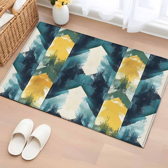 2x3 Ft Entryway Area Rug, Turquoise Yellow Abstract Kitchen Rug Runner Washable Floor Mat, Teal Modern Smear Artwork Non Slip Indoor Door Mat Throw Carpet for Bathroom Living Room Bedroom