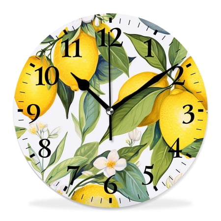 10 Inch Wall Clock Battery Operated Silent Clock Decorative for Office, Kitchen, Outdoor, Living RoomLemon Fruit Flower Leaf Yellow Limon Beautiful Pattern