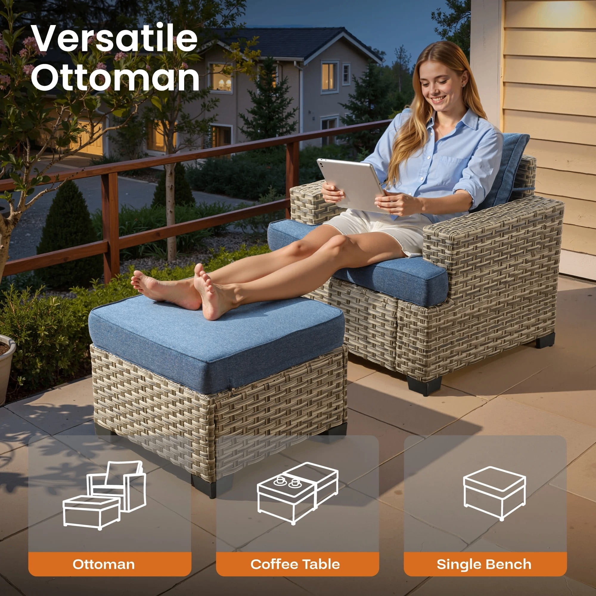 Vcatnet 8 Pieces Outdoor Patio Furniture Sectional Sofa PE Rattan Wicker Conversation Set with Solar Powered Coffee Table for Porch, Backyard, Denim Blue