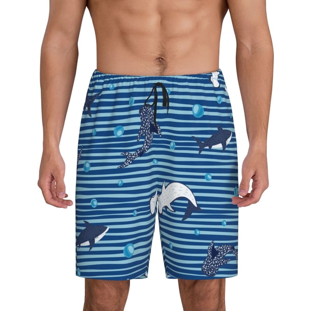 Balery Sharks on White Blue Striped Pantalones cortos de pijama de punto de algodón para hombre con cinturilla y bolsillos-Small