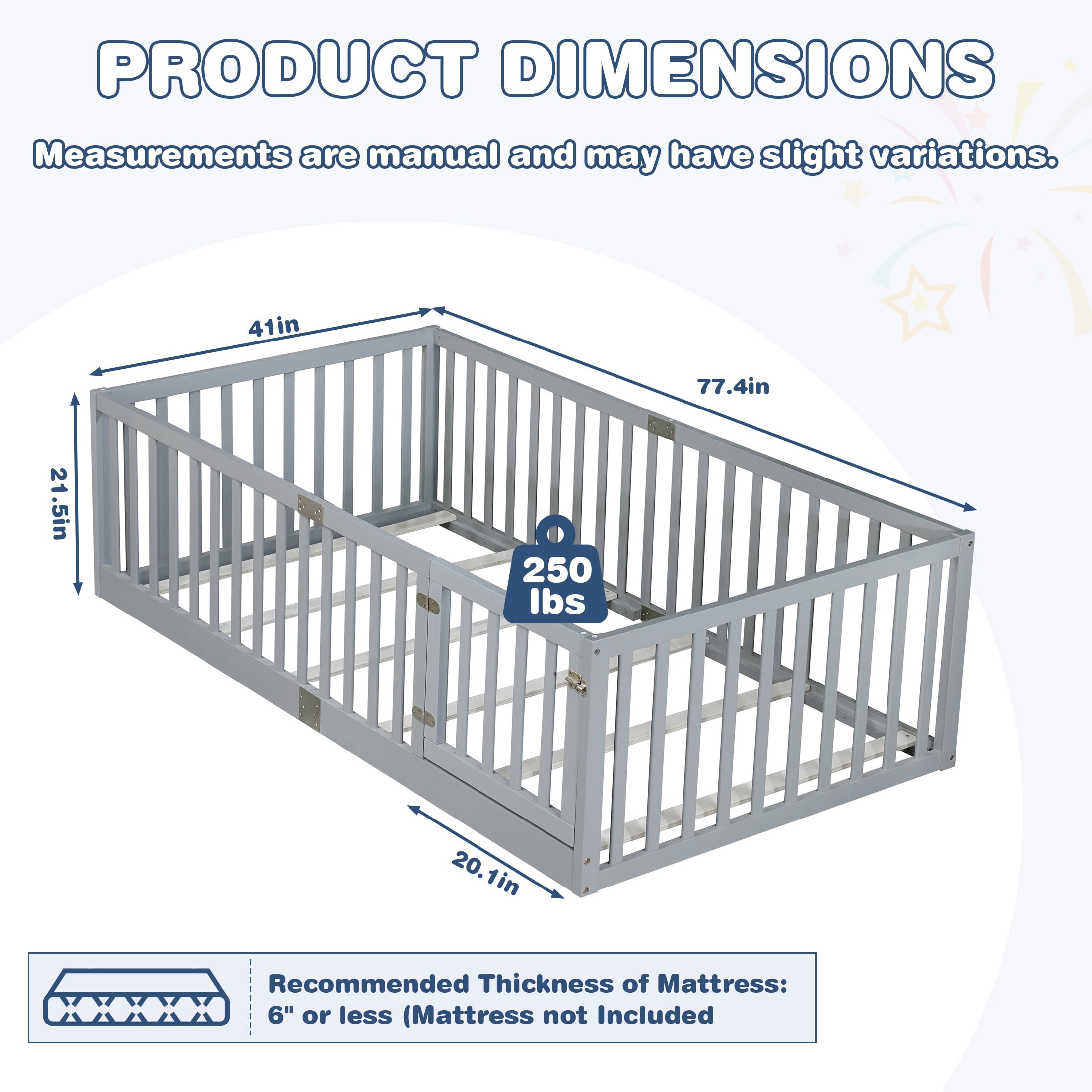 Sesslife Twin Size Floor Bed with High Fence & Door, Wood Twin Bed Frame with Salts and 21.5” Safety Guardrails, Twin Floor Bed for Boys Girls, No Box Spring Needed, Grey