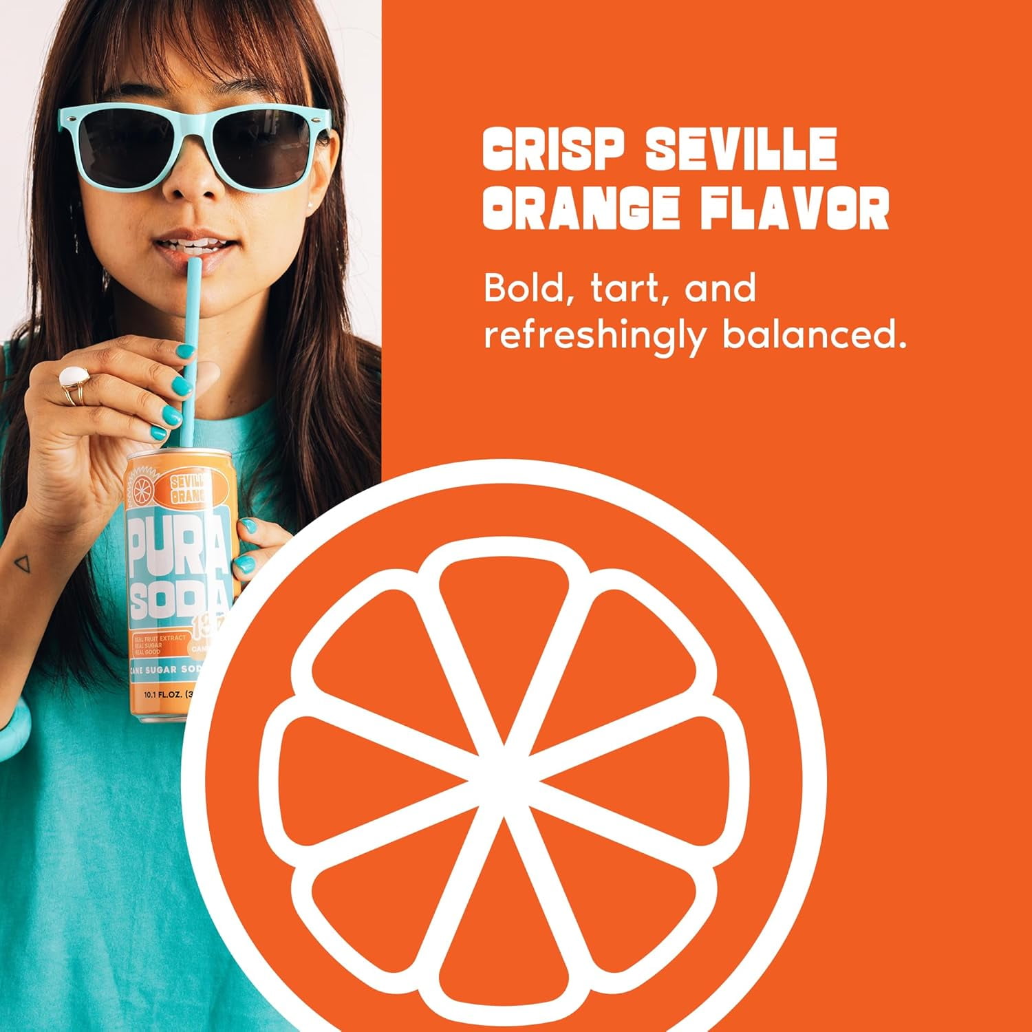 PuraSoda® Seville Orange | Low-Calorie, Cane Sugar Soda, Beverage | Non-GMO, Vegan | Made with Pure Cane Sugar, No Preservatives | 10.1 fl oz (300ml) Cans, 24-Pack