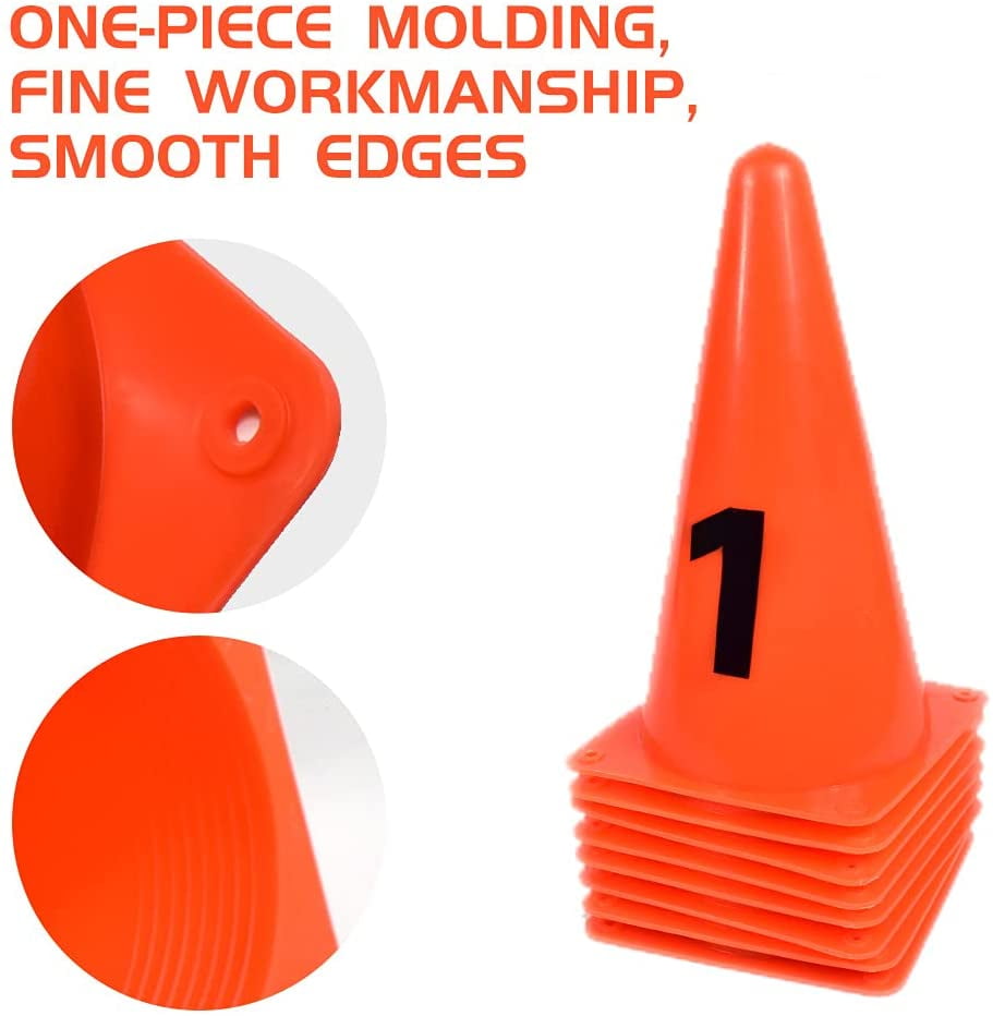 ASENVER 9 Inch Plastic Traffic Cones Sport Training Marker Cones 8 Pack Agility Sign Cones with Numbers 