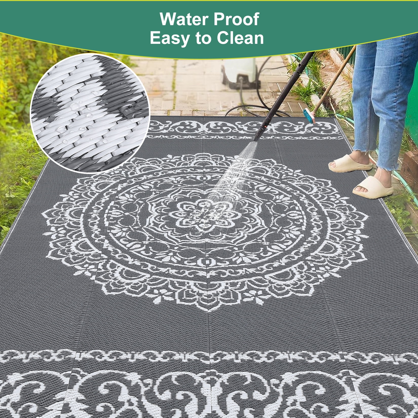 Haperlare 9'x12' Outdoor Rug for Patio, Waterproof Reversible Plastic Straw Rug Boho Indoor Outdoor UV Resistant Camping Carpet for RV, Backyard, Deck, Picnic, Gray and White