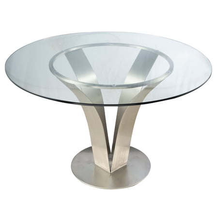 Armen Living Cleo 48" Round Glass & Metal Dining Table in Stainless Steel/Clear