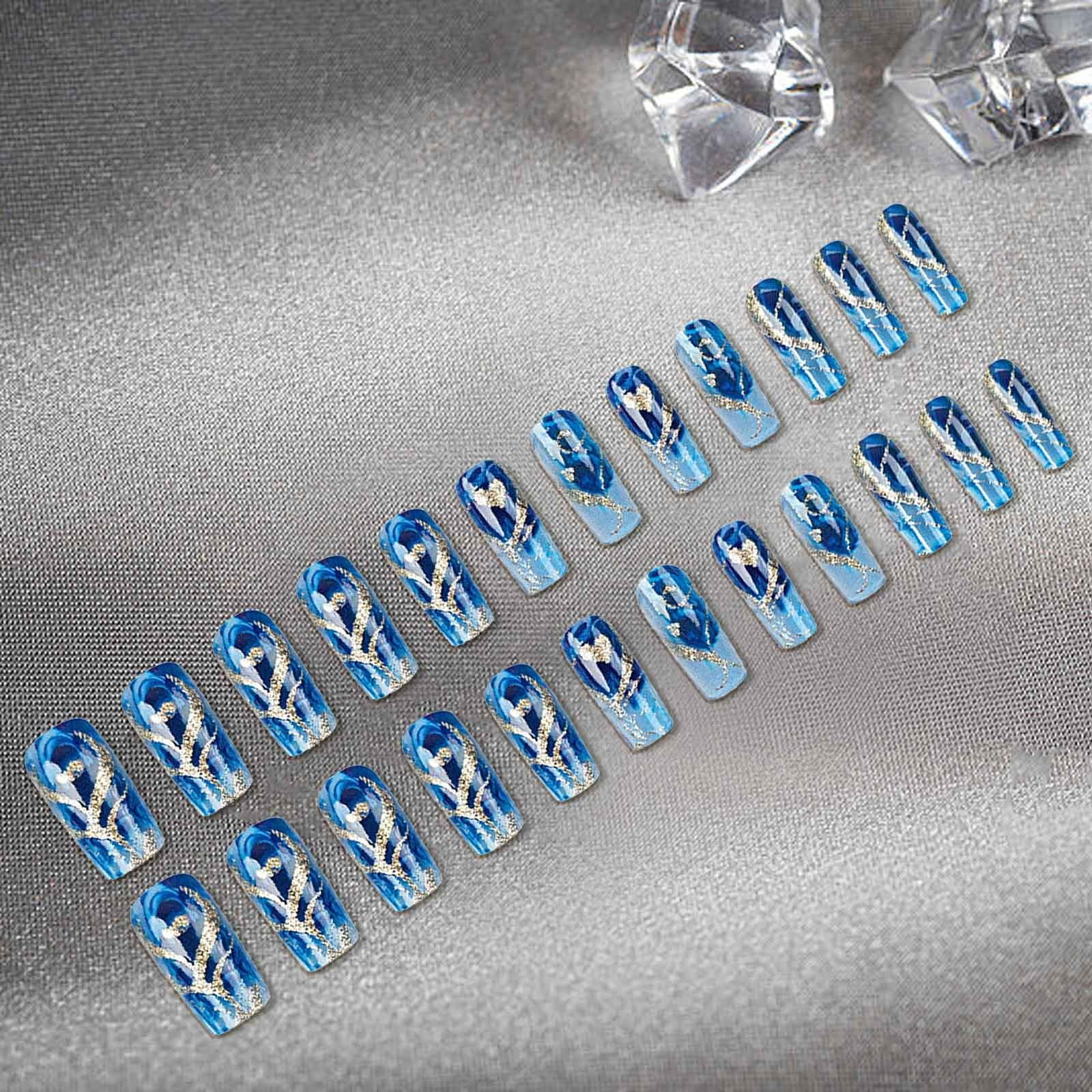 Qocolcyl 24Pcs Gold Curve Line Press on Nails Sea Acrylic Fake Nail Glossy Blue Gradient Medium Square False Nails Love Heart Stick on Fingernails Seaweed Gel Glue on Nail for Coquette Women Girls