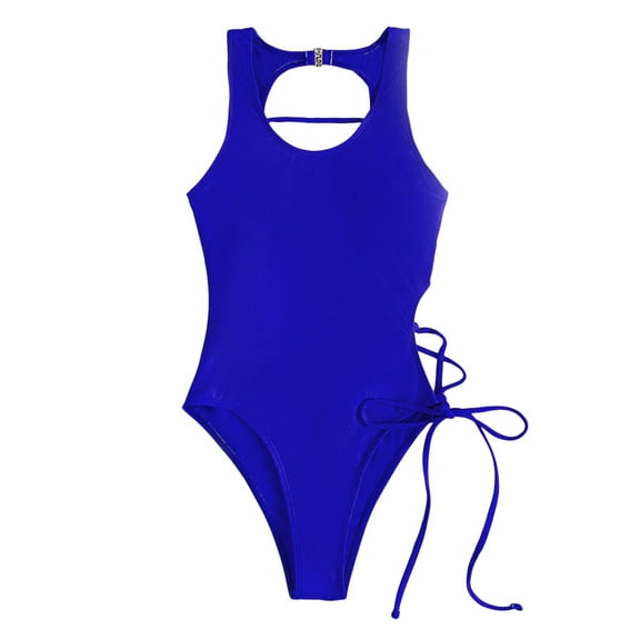 Huesdet Women's Tummy Control Swimsuit Lace Up One Piece Bathing Suits V Neck Swimwear[Blue,L]