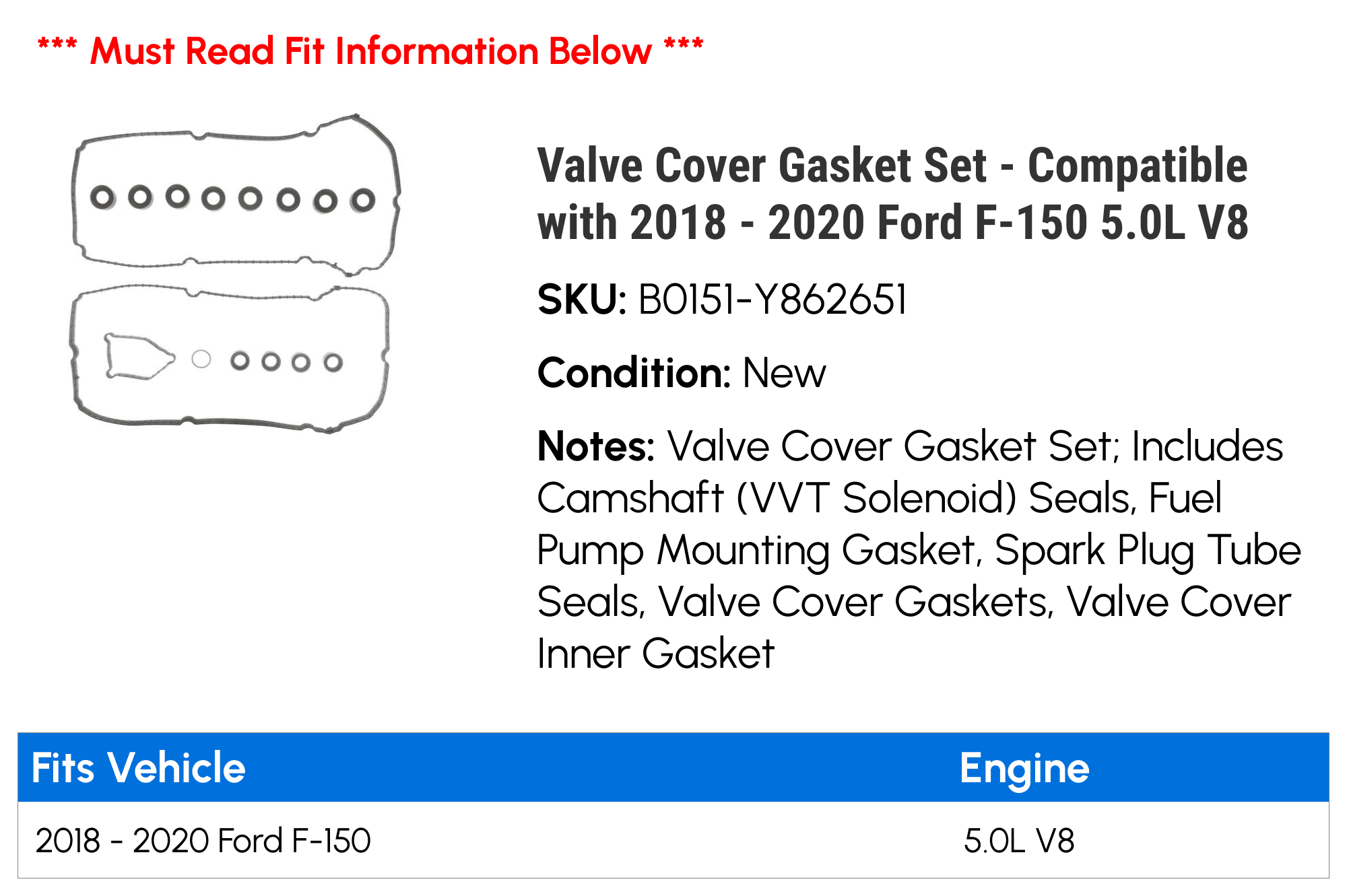 Valve Cover Gasket Set - Compatible with 2018 - 2020 Ford F-150 5.0L V8 2019