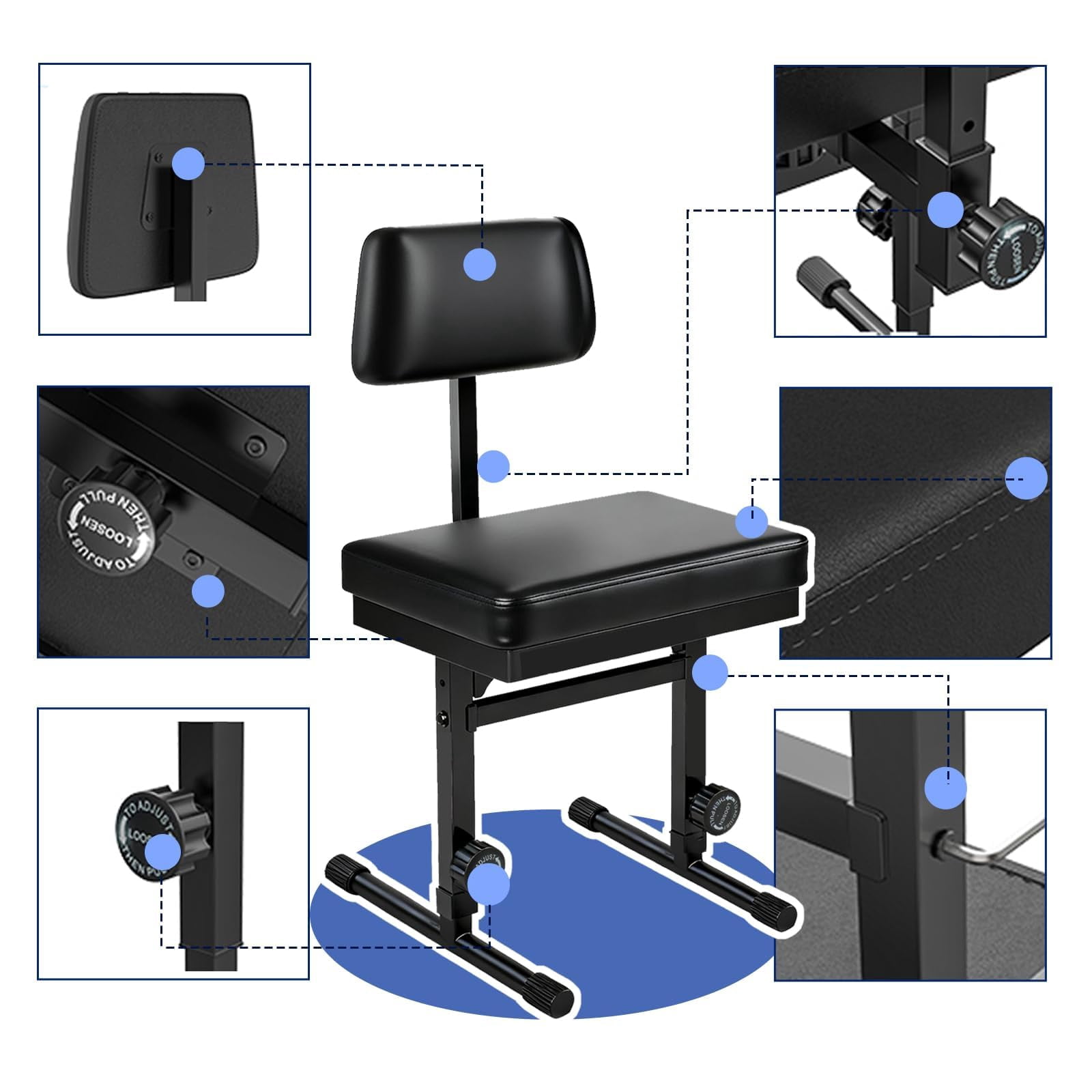 Adjustable Piano Bench With Storage Guitar Stool Back Support Music Keyboard Black Cushion Height For Stand Musicians Playing Chair
