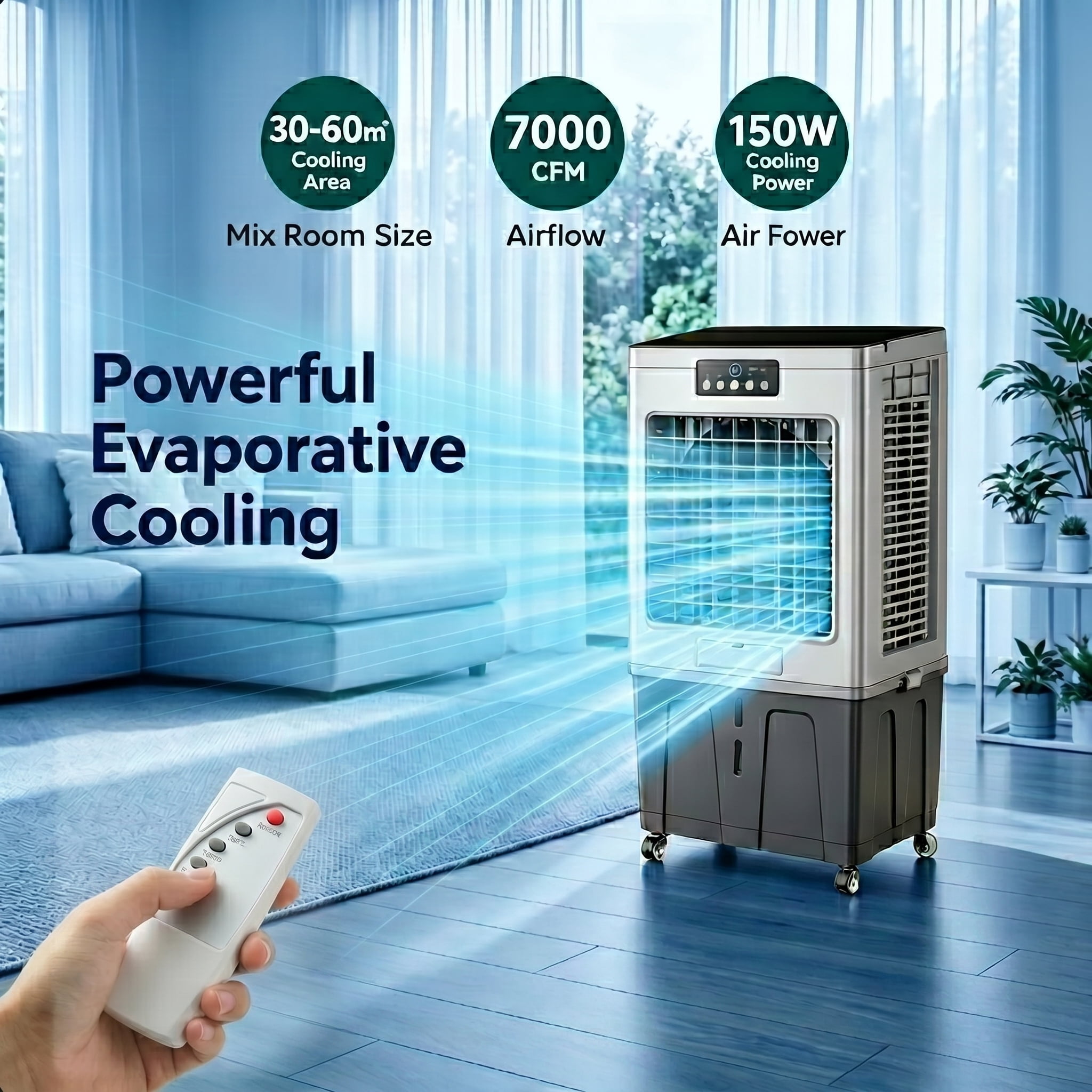 Portable Air Conditioners,7000 CFM Swamp Cooler with3 Speed, 120°Swing, 7.5H Timer, 13.74-Gallon Water Tank Evaporative Air Cooler Long Cooling for Garage, Yard, Indoor