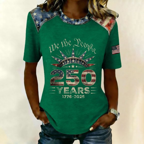 Iaqnaocc 4th Of July Womens Tops Short Sleeve Casual Crew Neck Independence Day 250 anniversary usa flag Tops Vintage Summer Festival T Shirts for Women Army Green XXL