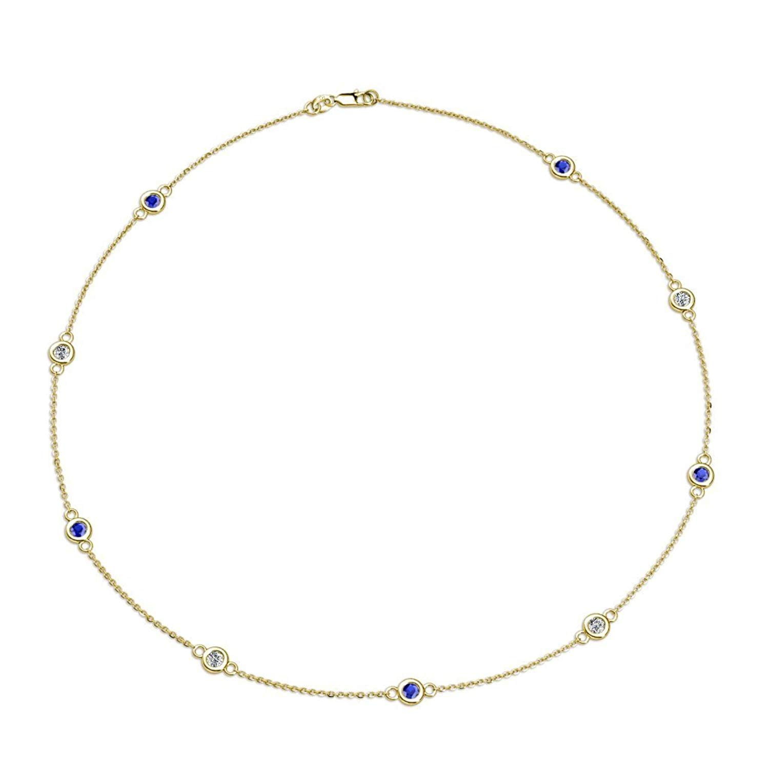 Blue Sapphire and Diamond (SI2-I1, G-H) 9 Station Necklace 1.39 cttw in 14K Yellow Gold by TriJewels