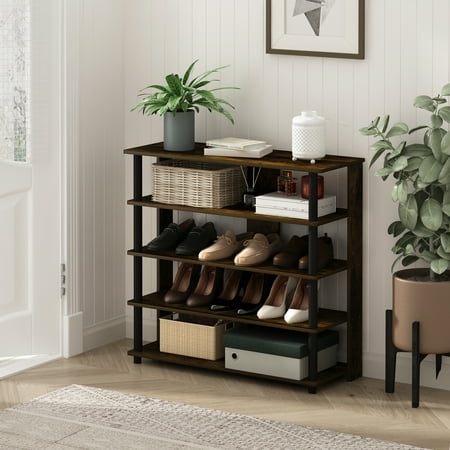 Furinno 5-Tier Turn-N-Tube Shoe Rack, Wood and Plastic, Amber Pine and Black