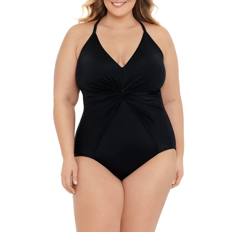 Swimsuits For All Women's Plus Size Ruched Twist Front One Piece Swimsuit  16 Black 