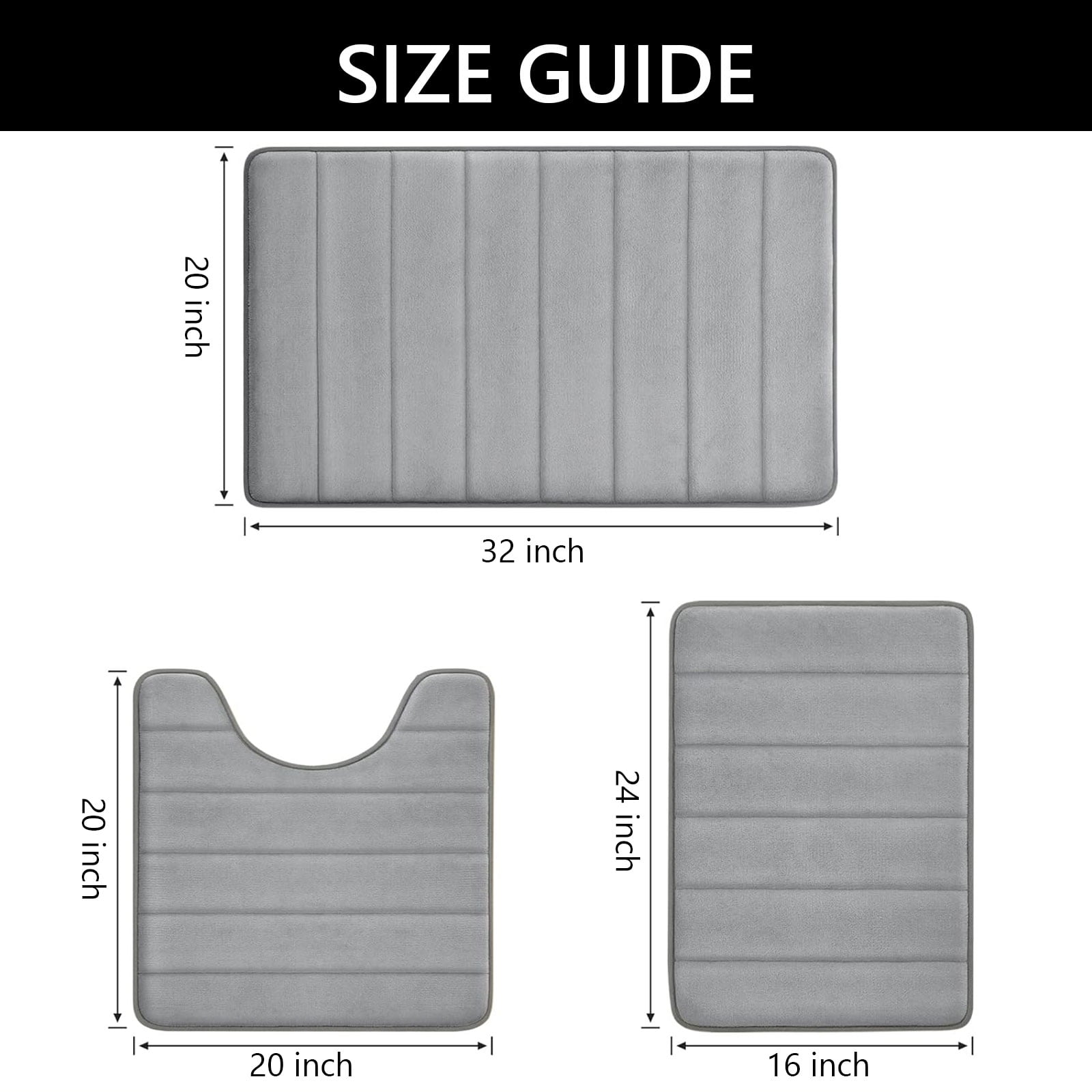 Hengbor 3Pcs Memory Foam Bathroom Mat Set Bathroom Rug Set Thick Soft Bathroom Rugs for Bathroom Water Absorbent Bathroom Shower Rugs Machine Washable Light Gray
