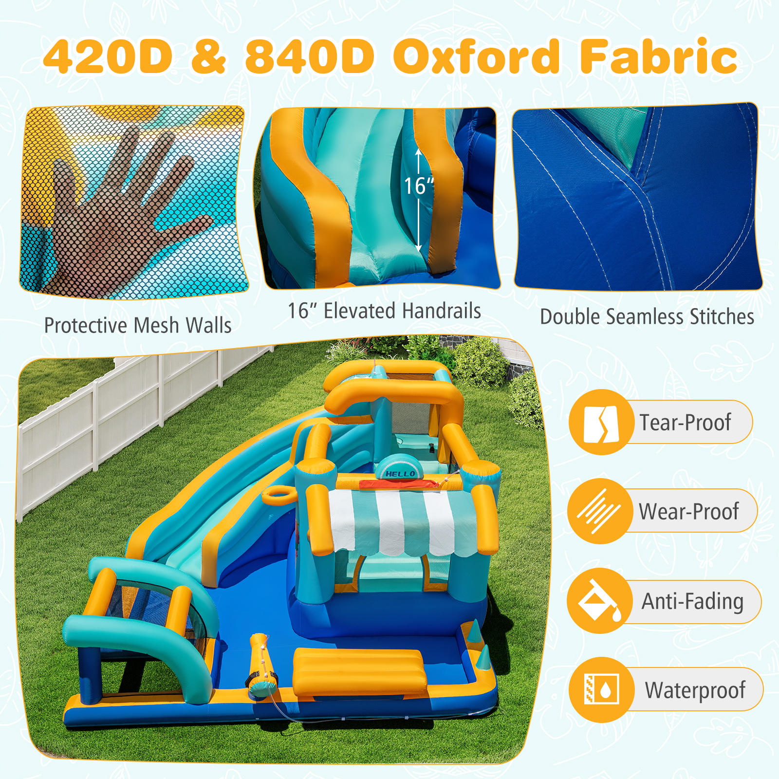 Patiojoy Inflatable Water Park with Market Stand Water Slide with Climbing Wall & 750W Blower
