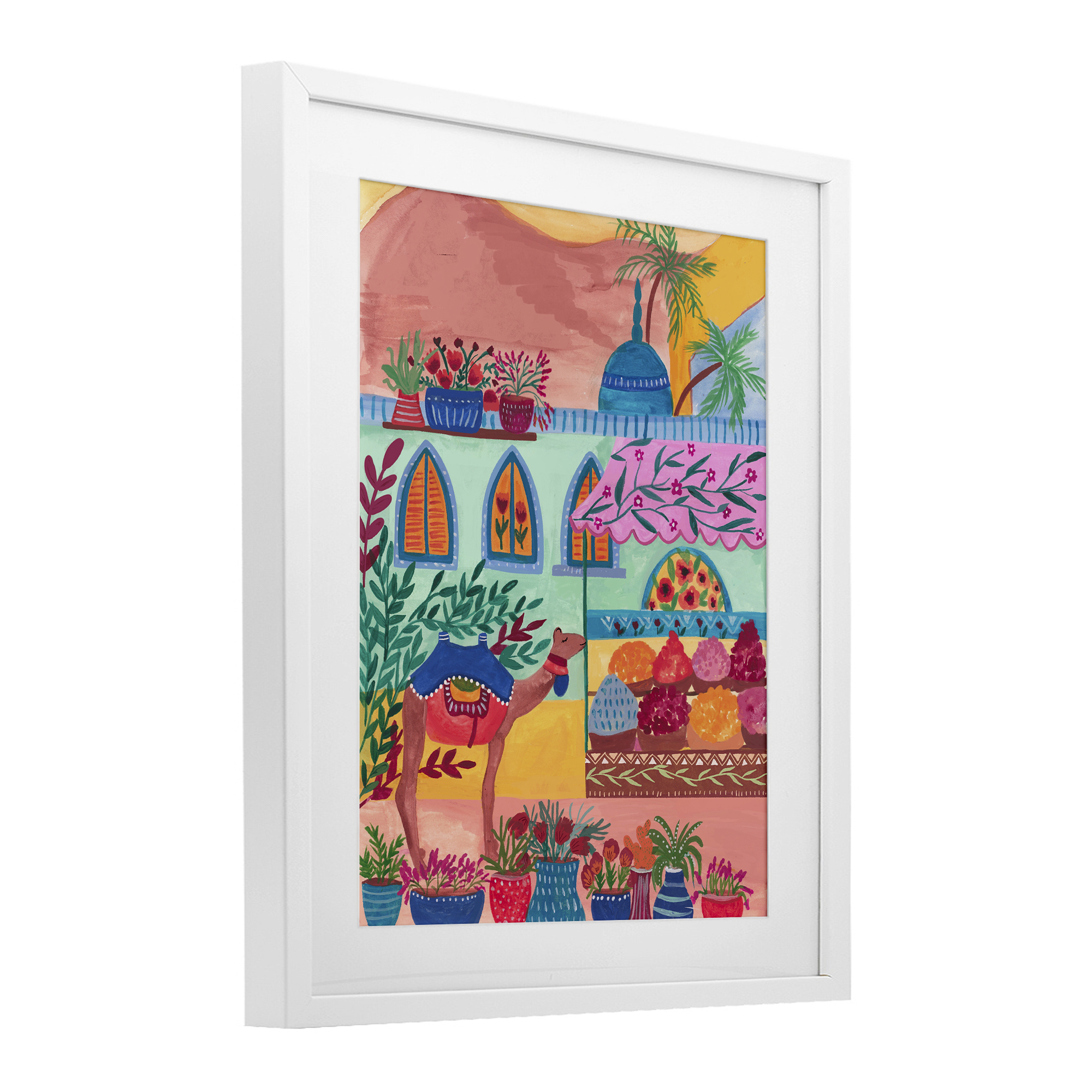 Exotic Egypt Camel White Framed Print Under Glass, design by Nabeela Rumi