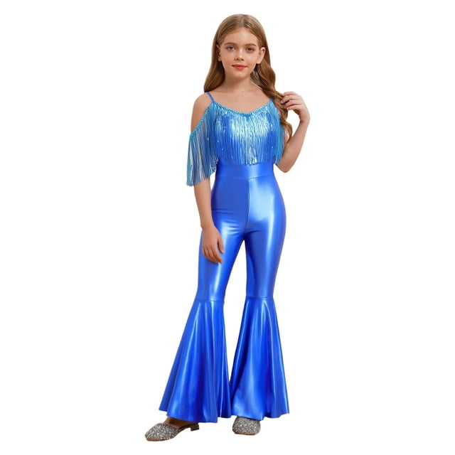 LiiYii Girls Shiny Metallic Flared Jumpsuit Sequins Fringe Tassel Romper Disco Dance Performance Light Blue 6