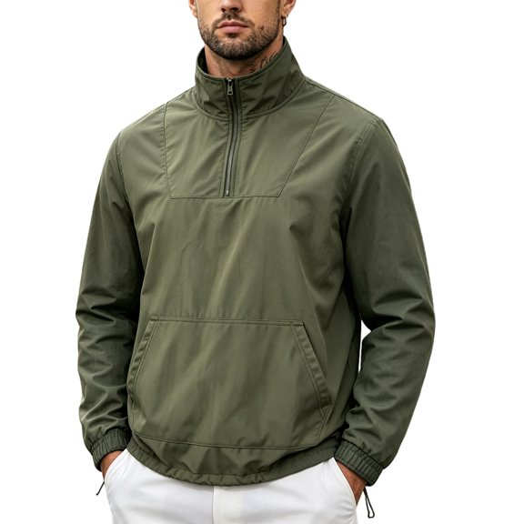 Jackets for Men Half Zip Stand Collar Pullover Windbreaker with Drawstring Utility and Kangaroo Pocket for Outdoor Hiking Travel Mens Jackets Army Green L