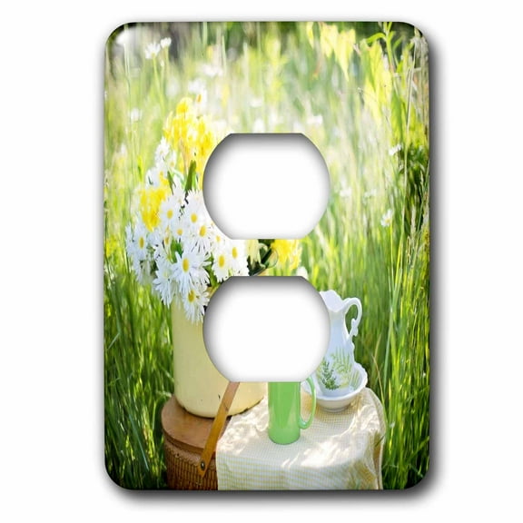 3dRose, Image of Picnic Basket Holds Bunch Of Daisies And Green Mug, 2 plug outlet cover