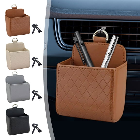 Car Leather Sundries Storage Box | Hanging Organizer for AC Vent | Wear-Resistant Easy-Clean Mesh Pocket | Multifunctional Compartments | Universal Fit | 1 Pack