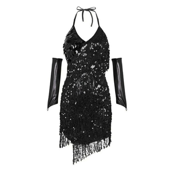 Sequined Tassels Patchwork Short Dress Women Latin Dance Clothes Multicolored Halter Backless Irregular Dress With Oversleeve
