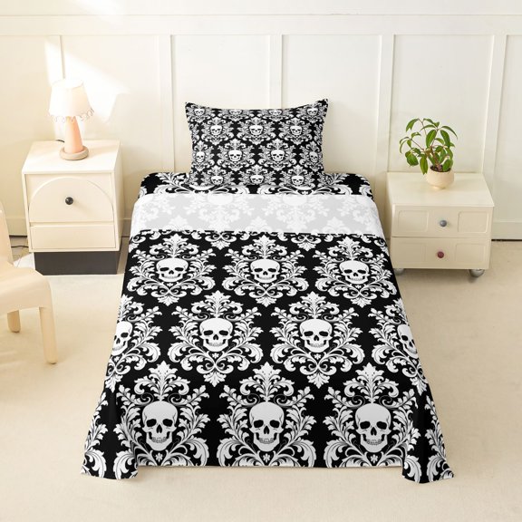 Homewish Bohemian Skull Skeleton Twin Sheets,Black White Damask Bedding,Halloween Bed Set,3pcs,1 Fitted Sheet and 1 Pillowcase