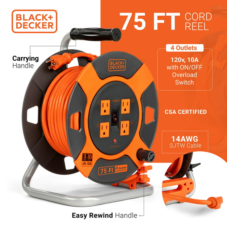 BLACK+DECKER Retractable Extension Cord, 75 ft with 4 Outlets