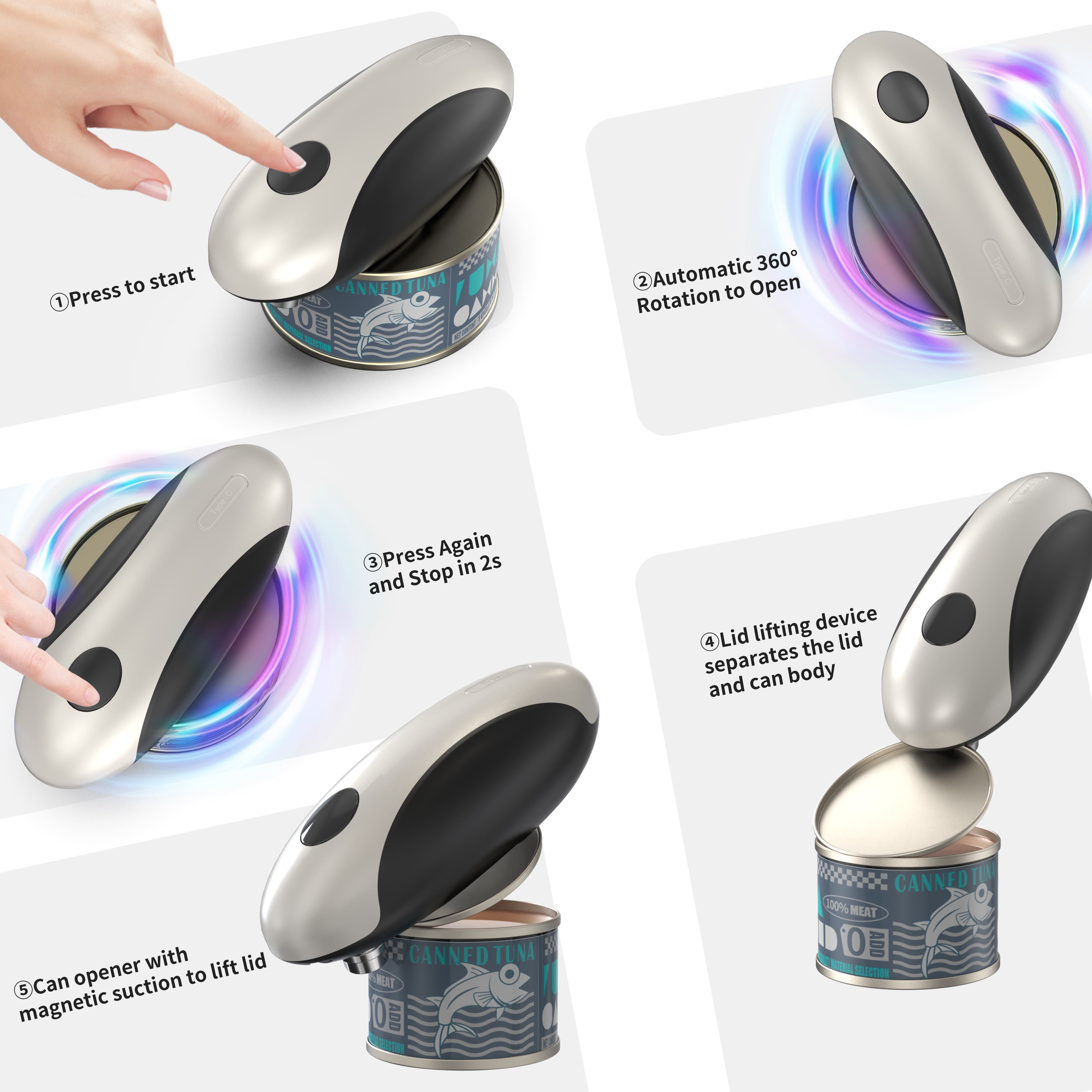 M‌SAS Electric Can Opener - USB Rechargeable Automatic Opener, Hands-Free Safe Design for All Can Sizes, Smooth Edge Kitchen Tool for Seniors with Arthritis