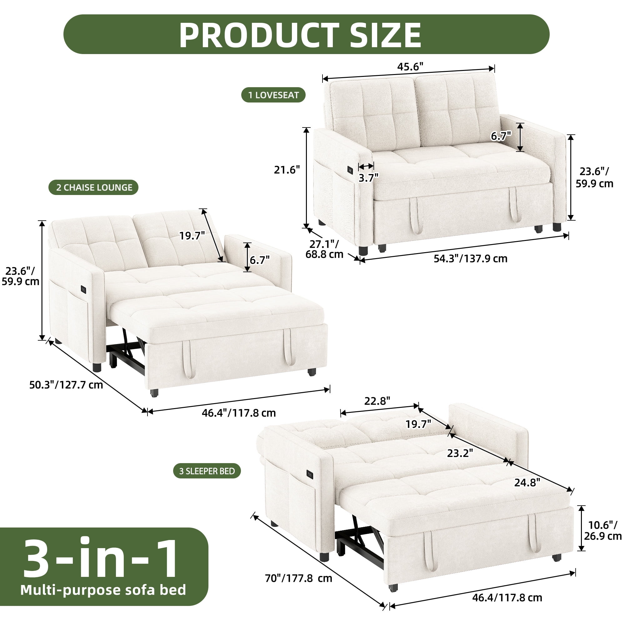 Uforic 3-in-1 Convertible Futon Sofa Bed, Modern Couch Cat-Scratch-Proof Loveseat Sleeper for Small Place, Beige