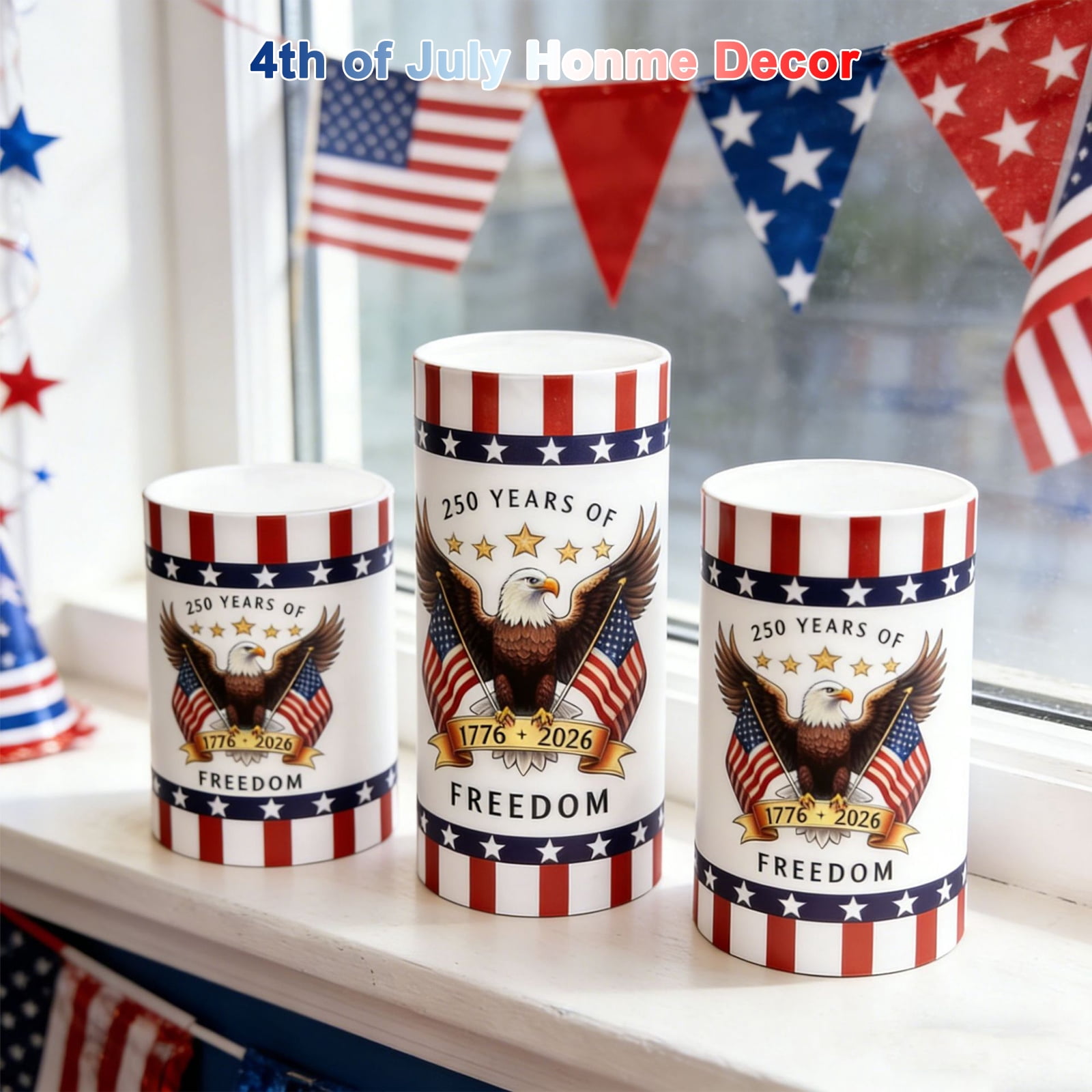 4th of July Flameless Candles, 12 Colors Changing Eagle Flag 250th Anniversary LED Candles with Remote & Timer, Flickering Patriotic Pillar Candles Battery Operated for Home Independence Day Decor