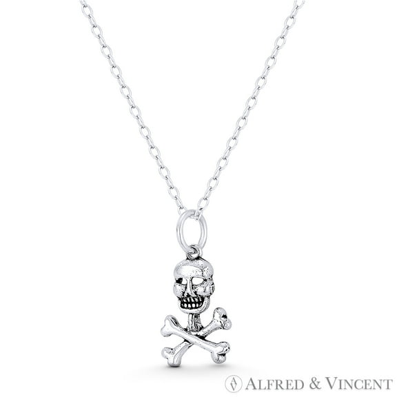 Skull & Crossbone Dia De Los Muertos Charm 19x9mm (0.75x0.35in) Pendant & Chain Necklace in Oxidized .925 Sterling Silver