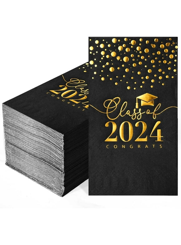 Caltero 100 PCS Graduation Paper Napkins, Black Graduation Napkins Class of 2024, 3 Ply Graduation Dinner Napkins,Disposable Guest Towels for Congrats Graduation Party Supplies