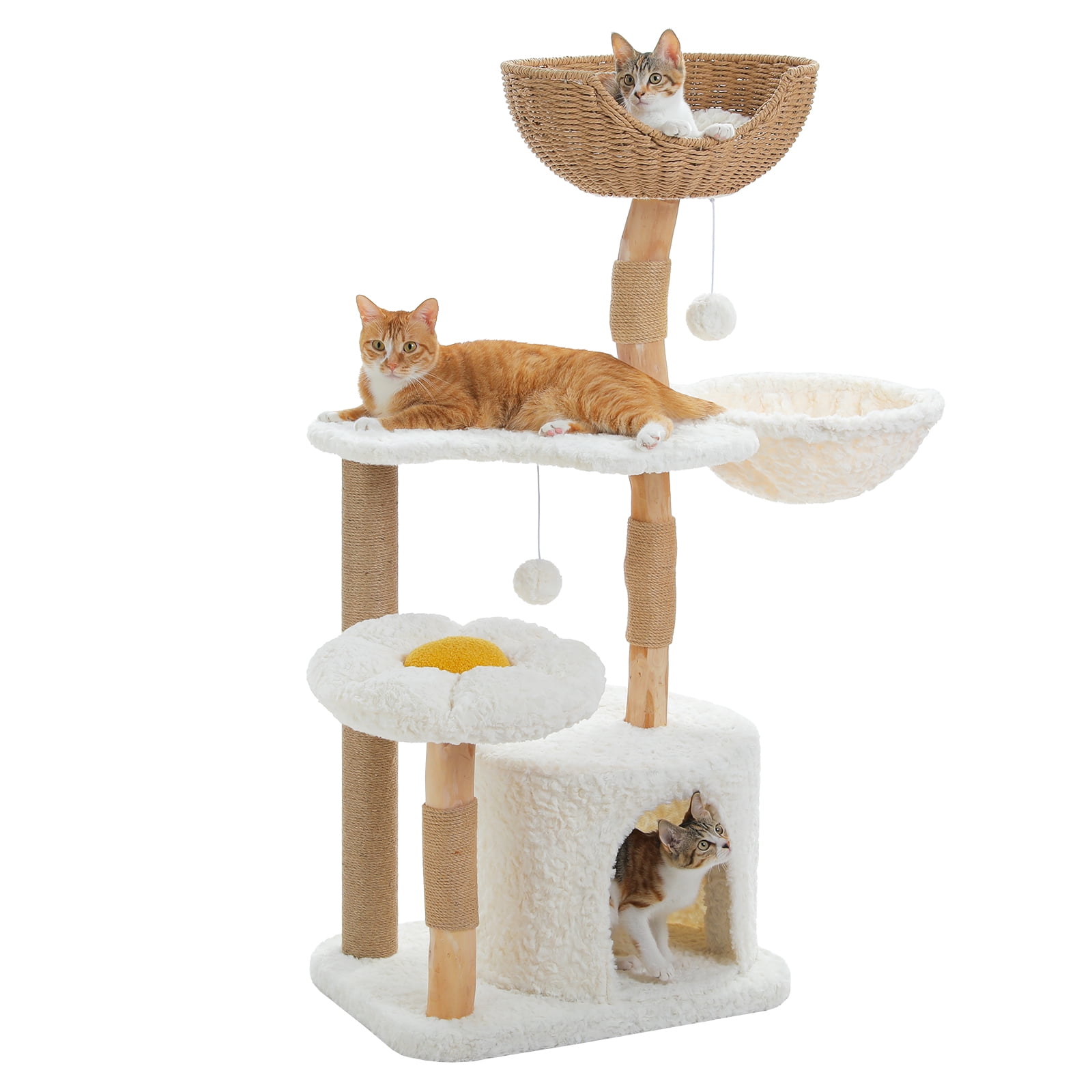 PEQULTI 48.5'' Solid Wood Cat Tree Cat Tower for Indoor Cats with Rattan Hammock&Flower Perch White