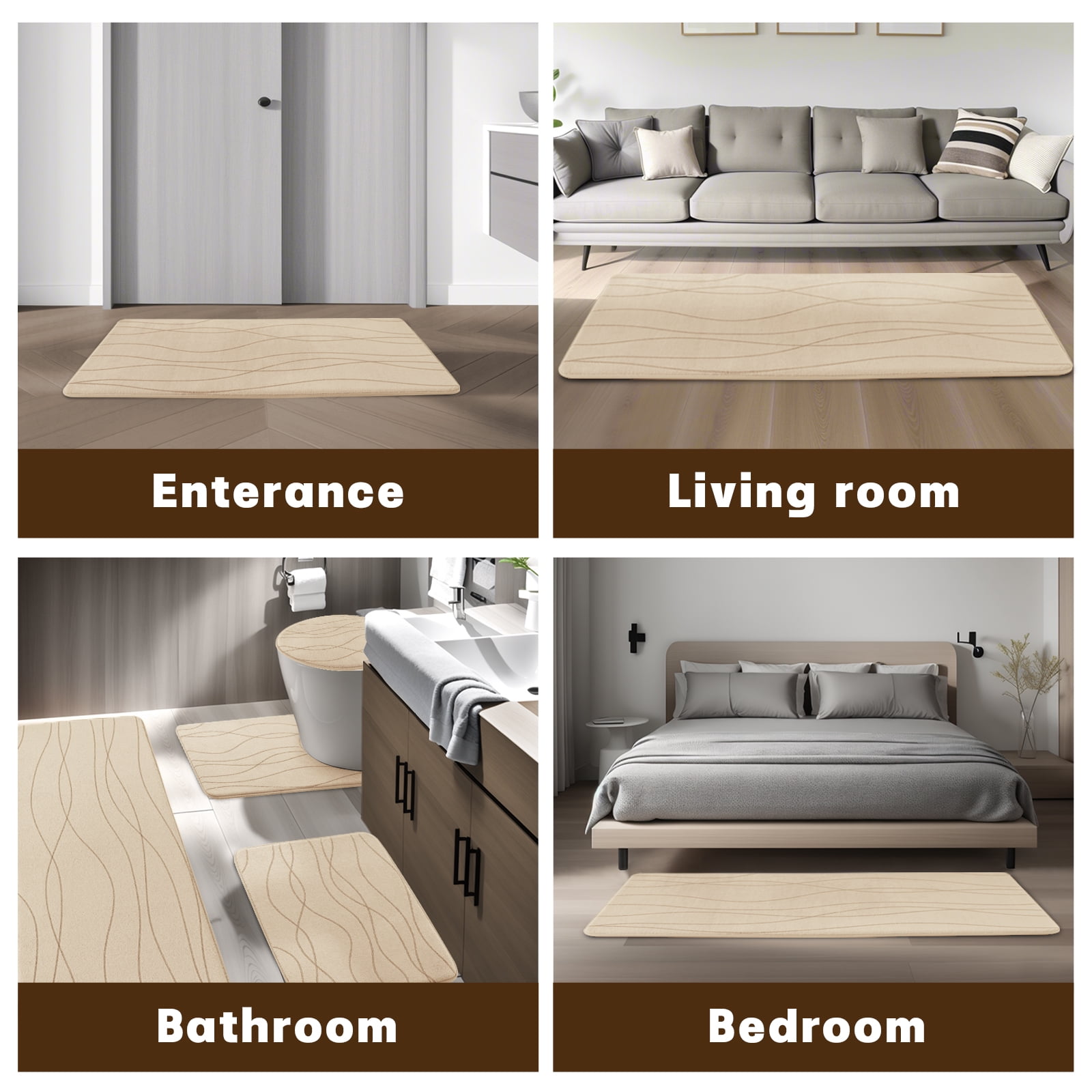 ChakmeOne Bathroom Rugs Sets 5 Piece, Khaki Bathroom Rug Soft Absorbent Microfiber Bath Mats and U-Shaped Contour Toilet Rug, Non-Slip Machine Wash Dry for Floor Tub and Shower