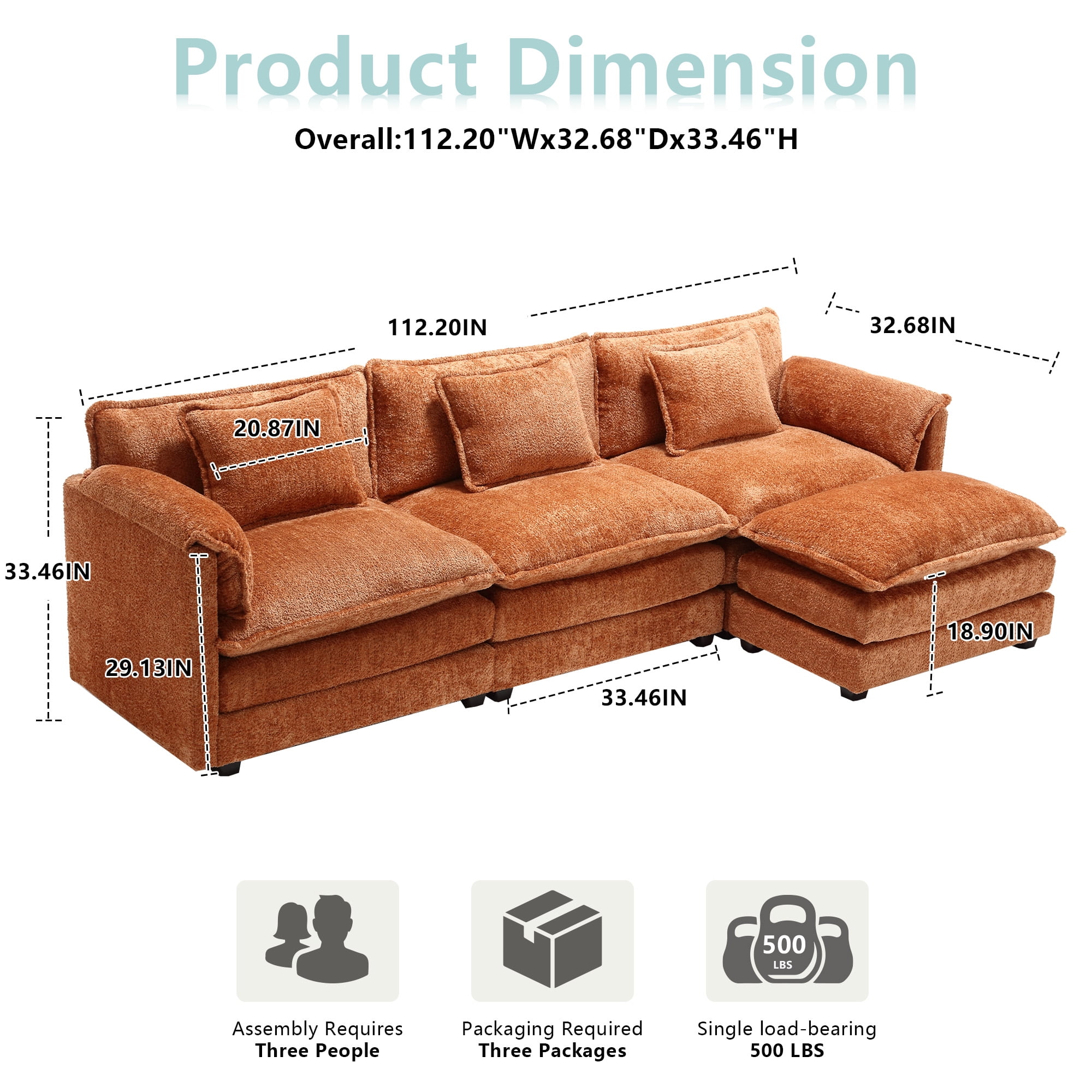 MOONMISS Modern Large Fabric L-Shaped Sofa Chenille Fabric, Movable Pedestal, Removable Armrests, Oversized 9-Seater Sofa