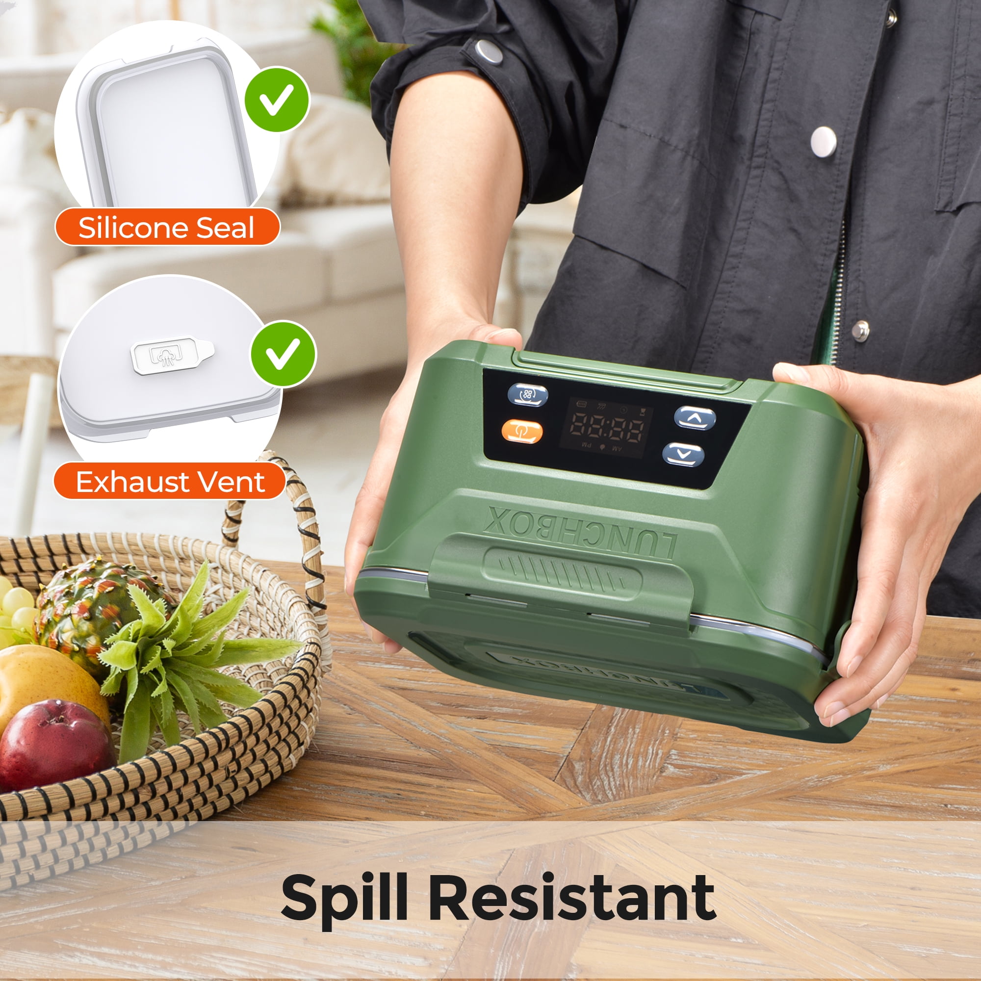 Cordless Electric Lunch Box for Adults, 5.5 Cups Self Heating Lunch Box Battery Powered, with Automatic Scheduled Heating, Removable Tray Divider, for Work Car Outdoor Use, Green