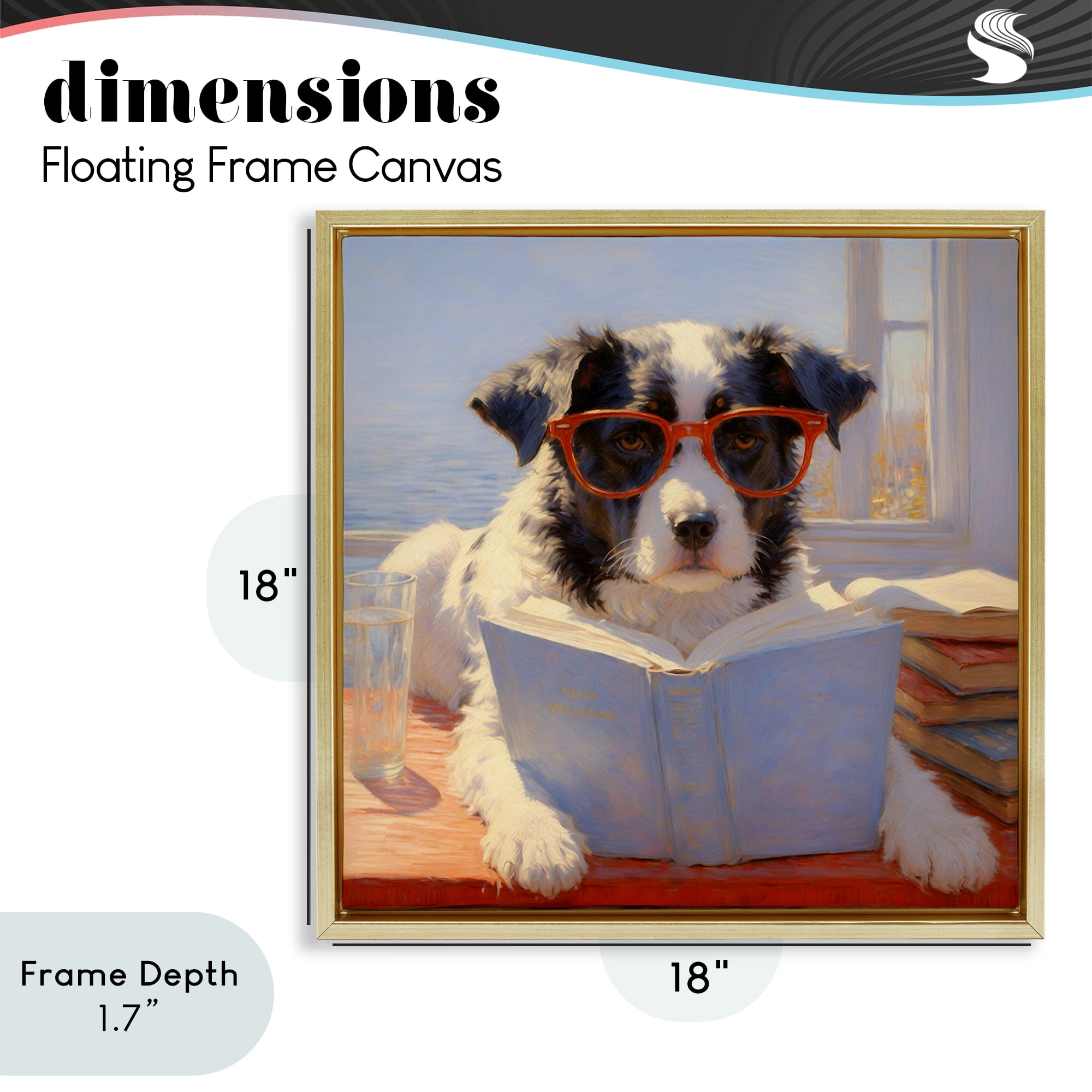 Stupell Industries Sunlit Dog Reading By Window Gold Framed Floater Canvas Wall Art, design by Angie Hawke